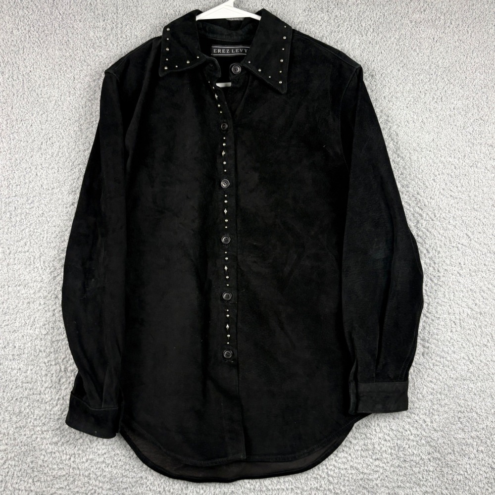 Erez Levy Shirt Womens Small Black Studded Suede 100% Real Leather Western Biker